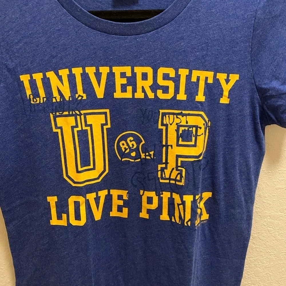 Victoria’s Secret Pink Vintage Blue & Yellow Football Graphic Tee Size L New